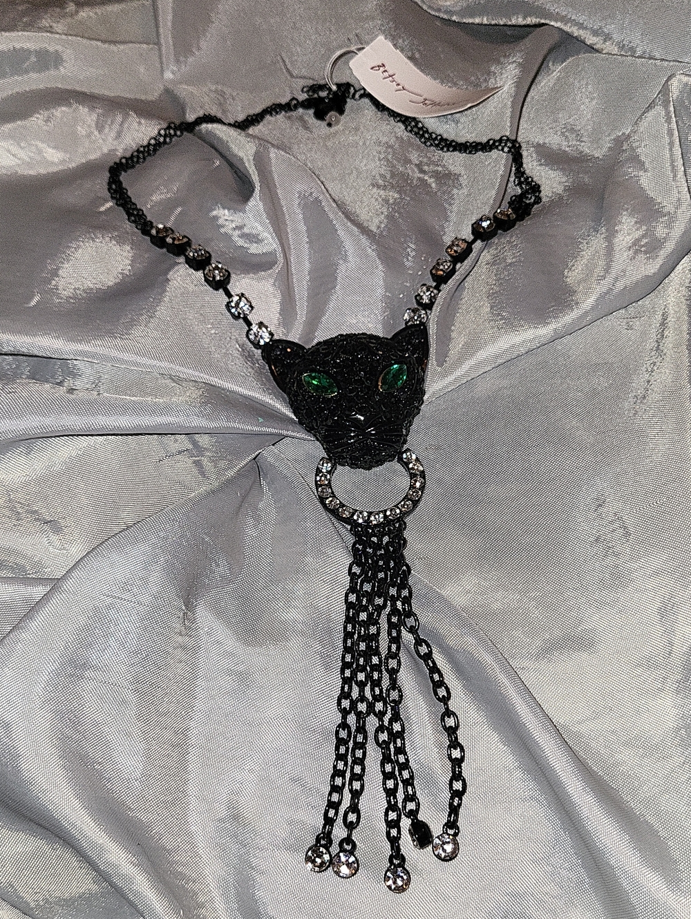 Betsey Johnson Black Crystal Panther Pendant Necklace with Emerald Eyes Ha